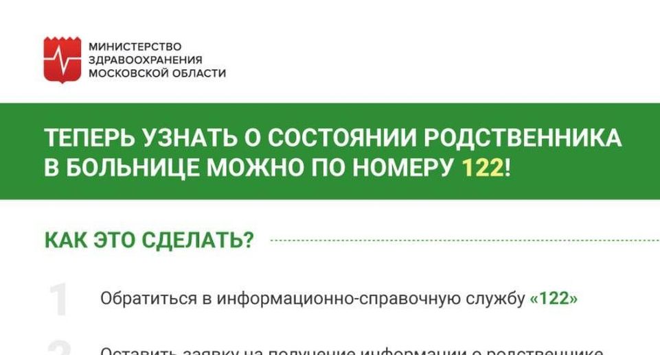 4 тыс раз в Подмосковье узнали о состоянии родственника в больнице по номеру 122