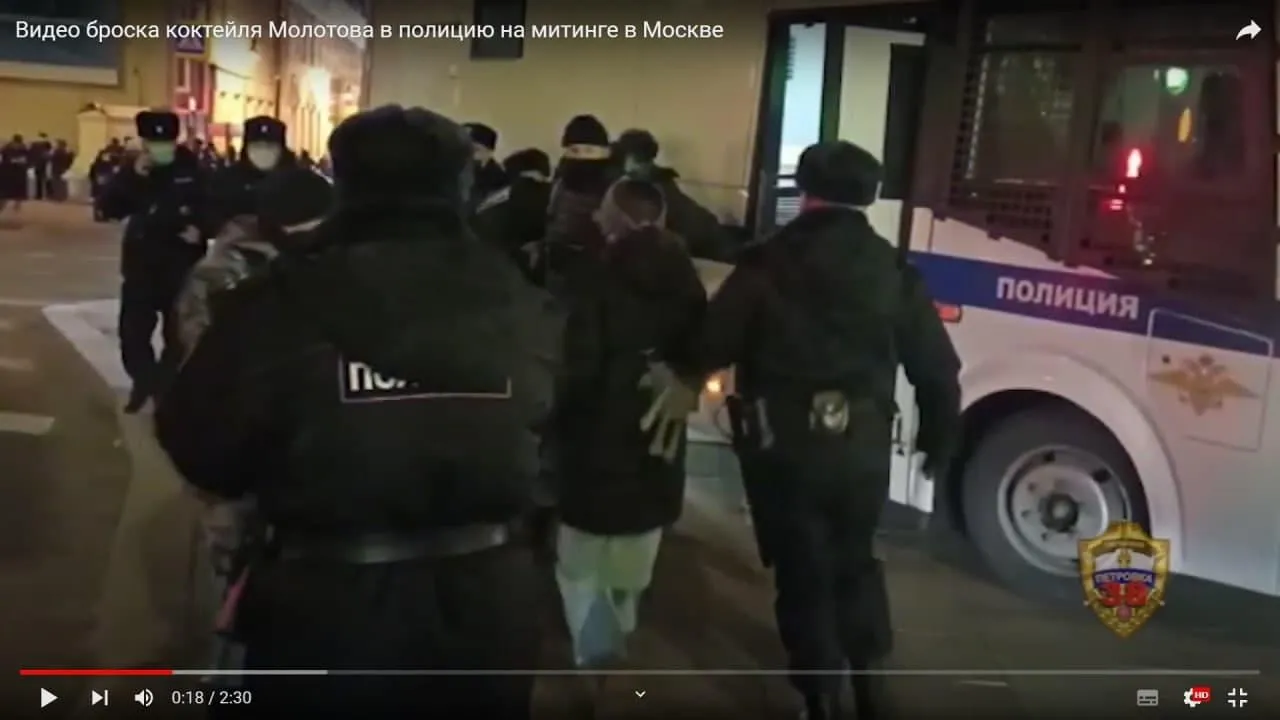 Опубликовано видео броска коктейля Молотова в полицию на митинге в Москве |  РИАМО