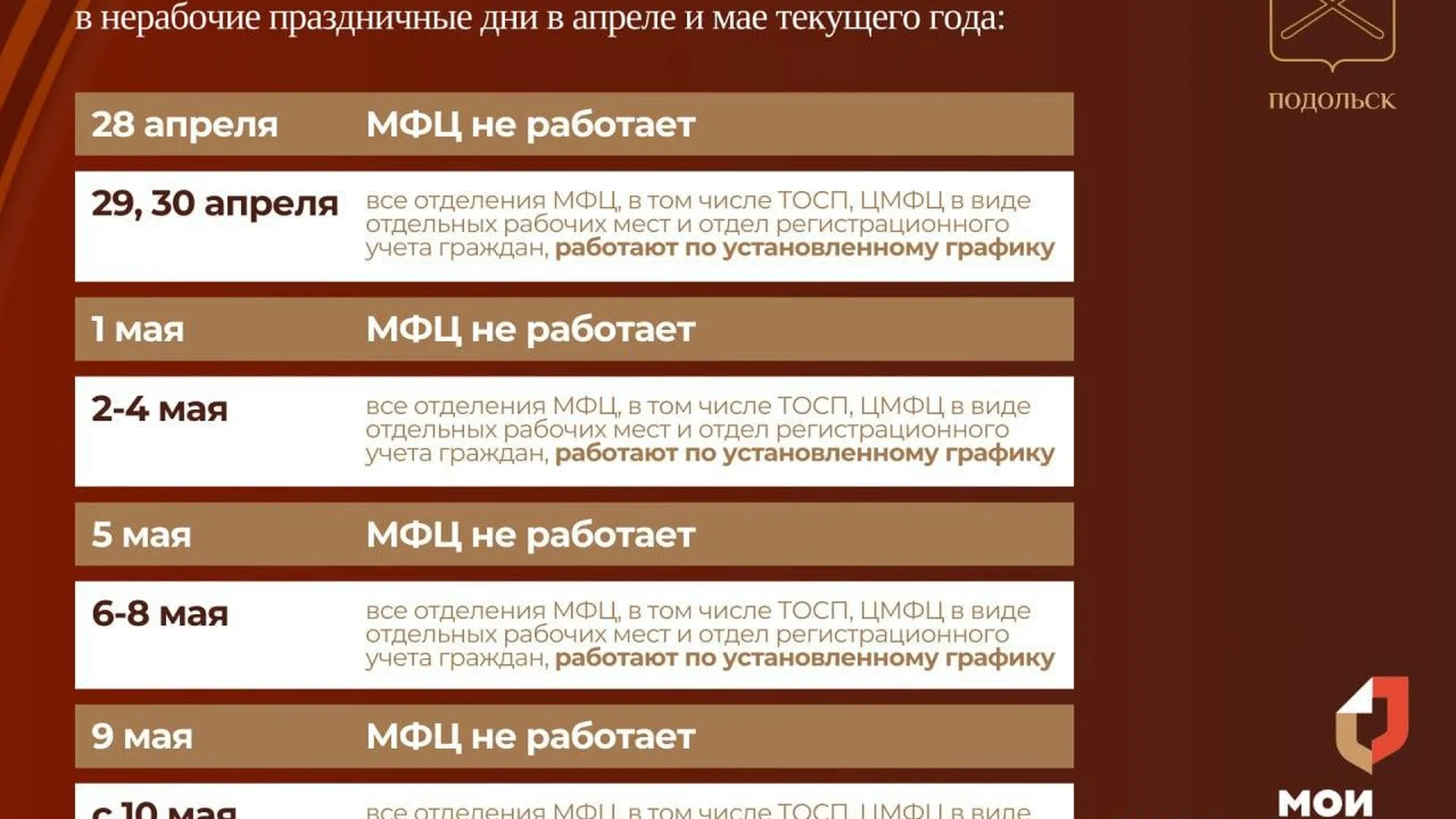 Стал известен режим работы МФЦ Подольска в праздничные дни апреля и мая
