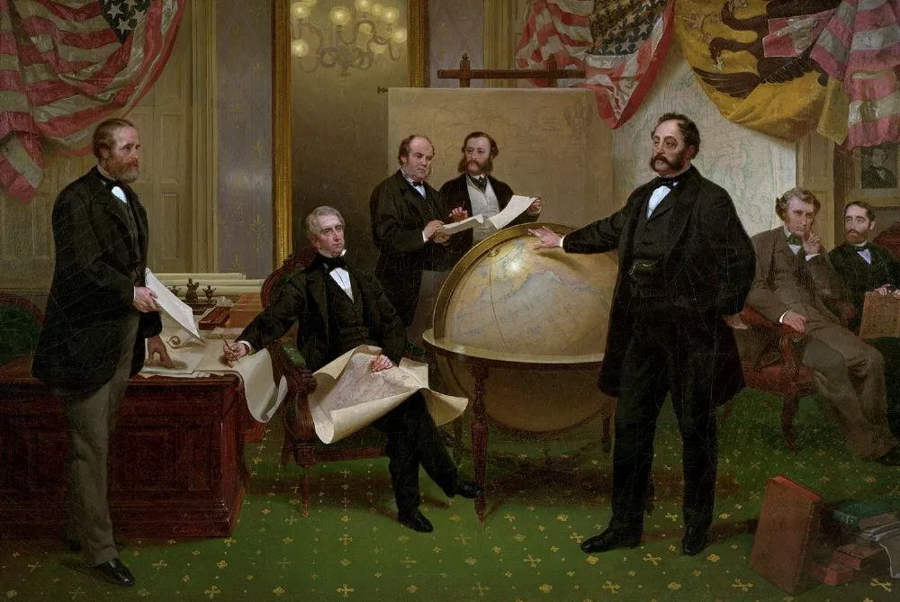 Подписание договора о продаже Аляски 30 марта 1867 года. Слева направо: Роберт С. Чу, Уильям Генри Сьюард, Уильям Хантер[англ.], Владимир Александрович Бодиско, Эдуард Андреевич Стекль, Чарльз Самнер, Фредерик Сьюард[англ.]. Художник Эмануэль Лойце, 1868