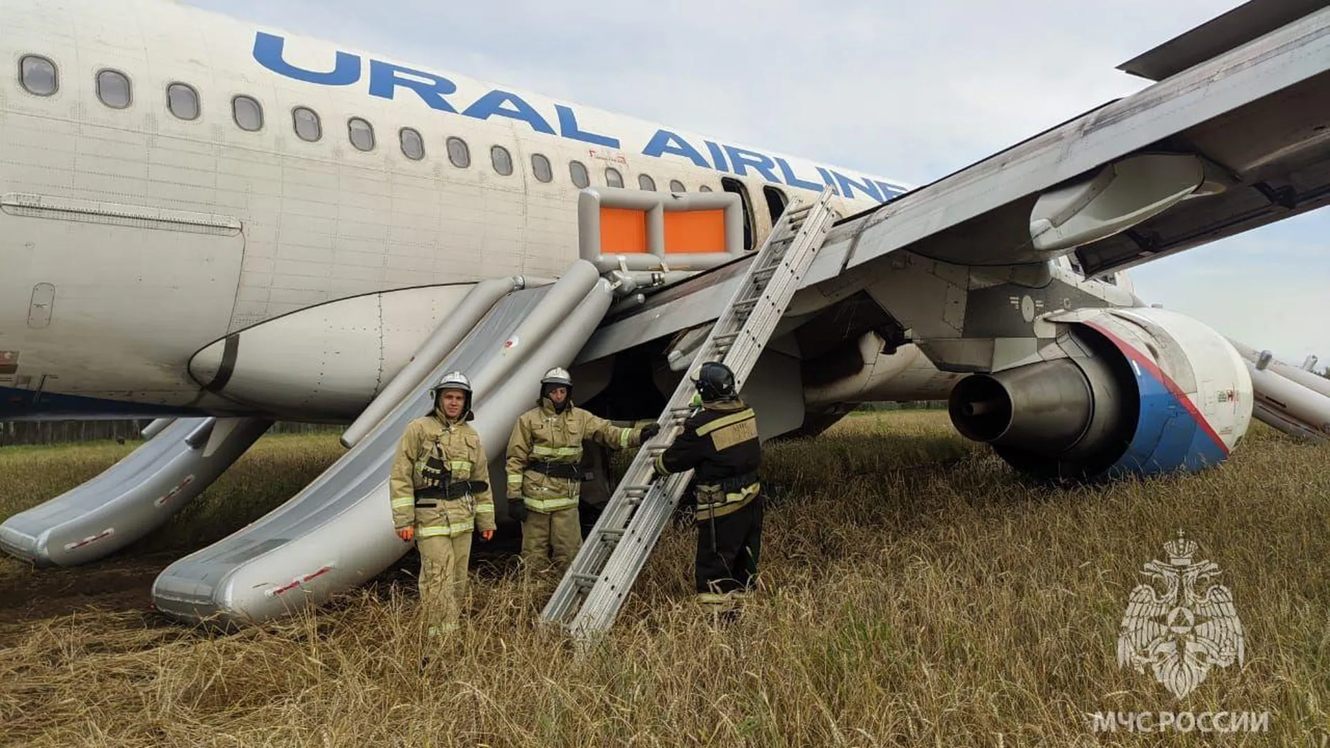 Кадры с места экстренной посадки самолета «Уральских авиалиний» в Новосибирской области